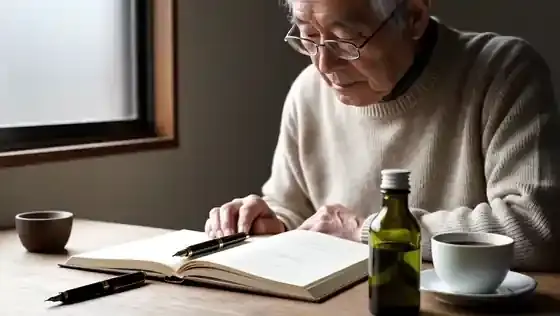 A man in his sixties at a desk writing a figure in a ruled accounts book, a small green bottle beside it