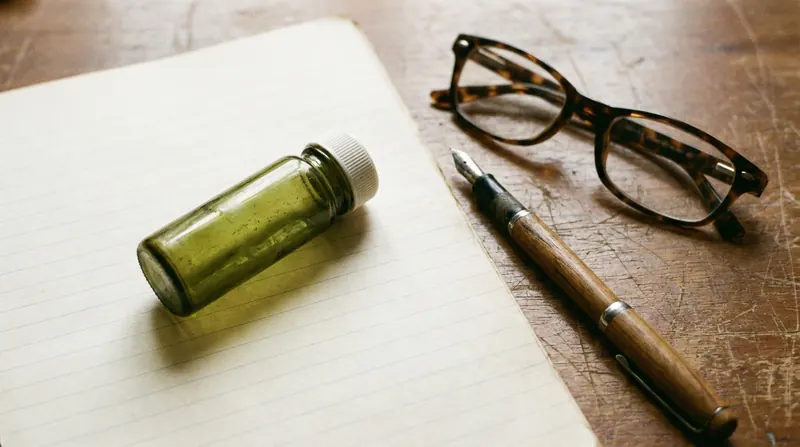 A small green bottle lying on a sheet of ruled paper beside a fountain pen and reading glasses