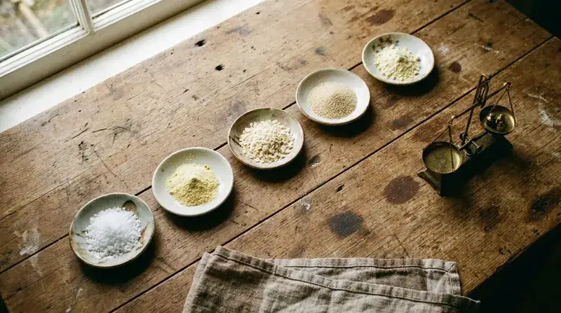 Five small white saucers in a row each holding a different powder, with a small brass scale beside them