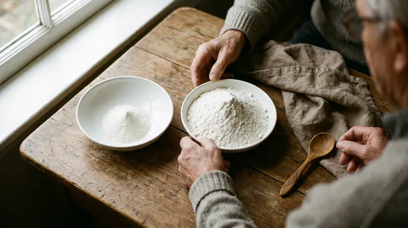 Two white dishes side by side on a table, one holding a small heap of white powder and one a much larger heap