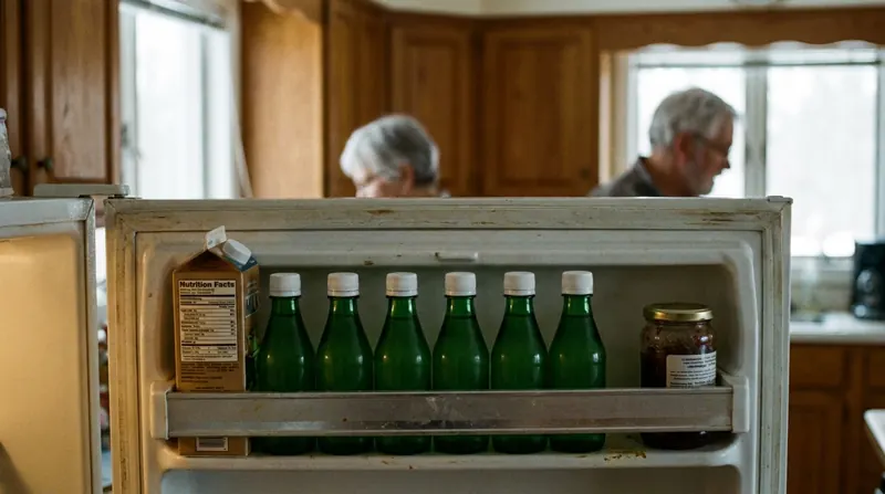 A row of small green bottles with white caps standing in a refrigerator door shelf beside a milk carton
