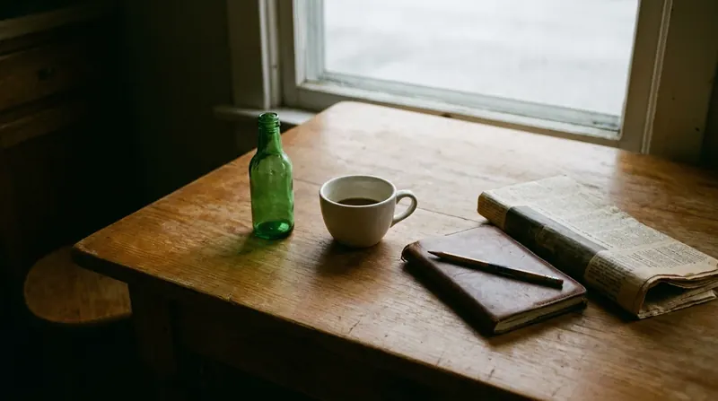 A kitchen table with an empty green bottle, a mug of coffee and a closed notebook with a pencil across it