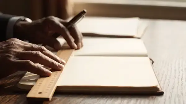 A man's hands ruling a column down a blank page of an accounts book and writing two figures in it