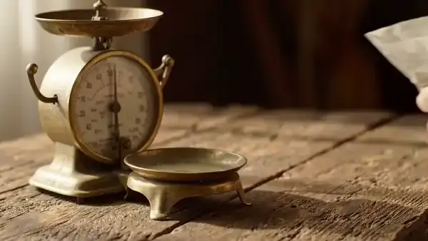 A hand tipping pale green powder onto the pan of a small brass scale