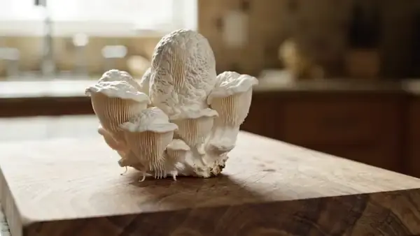 A shaggy white lion's mane mushroom on a wooden board being turned slowly by a hand