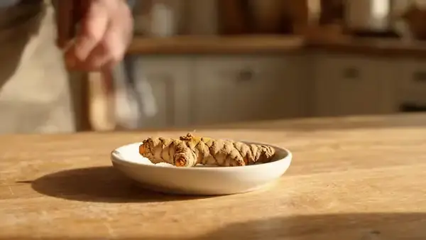 A man's hands breaking a dried turmeric root over a small white dish, yellow dust falling