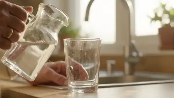 A man's hand filling a plain glass with water from a jug at a kitchen sink